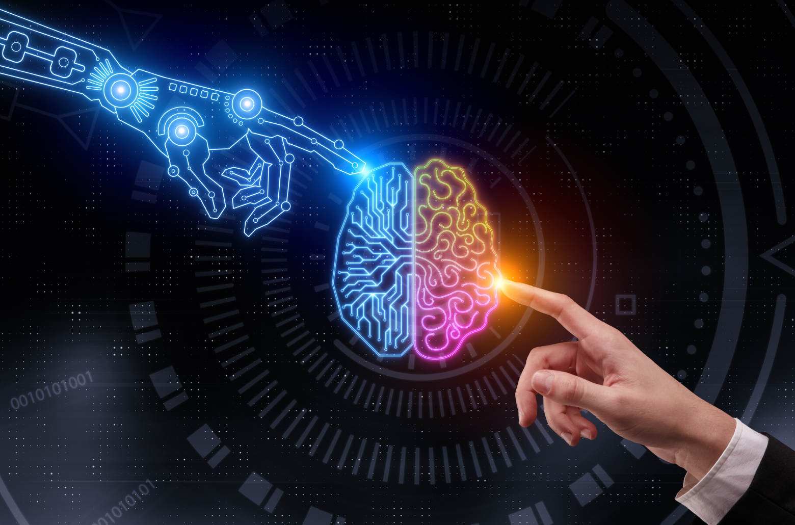 A robot arm with finger pointed to a brain and a human arm with finger pointed to the same brain